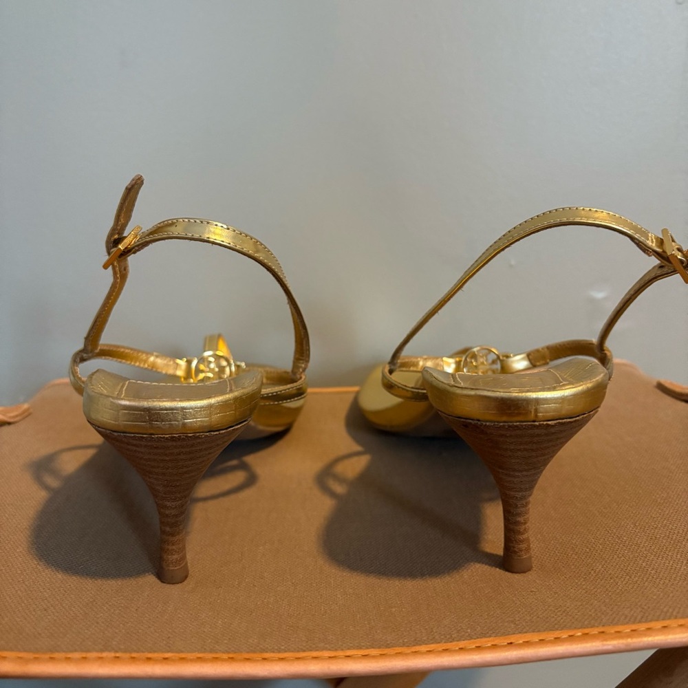 Tory Burch Gold Metallic Kitten Heels 10 Strappy - Picture 8 of 15